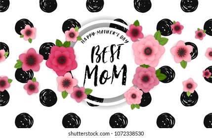 Happy Mother's Day elegant horisontal background. Holiday greeting framed card with hand drawn lettering and realistic bright pink, red flowers. Stylish and simple sale vector illustration.