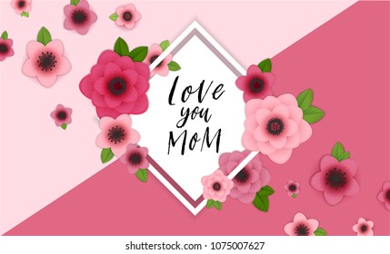 Happy Mother's Day elegant horisontal background. Holiday greeting framed card with hand drawn lettering and realistic bright pink, red flowers. Stylish and simple sale vector illustration.