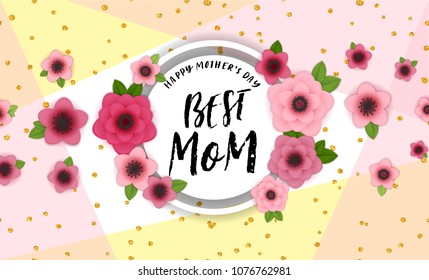 Happy Mother's Day elegant horisontal background. Holiday greeting framed card with hand drawn lettering and realistic bright pink, red flowers. Stylish and simple sale vector illustration.