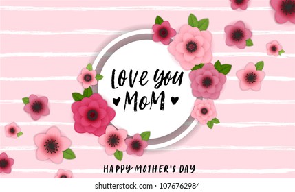 Happy Mother's Day elegant horisontal background. Holiday greeting framed card with hand drawn lettering and realistic bright pink, red flowers. Stylish and simple sale vector illustration.