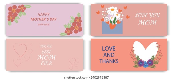 Happy Mother's Day elegant horizontal greeting banners. Vector text flowers and heart for your beloved mom. The best greeting cards.