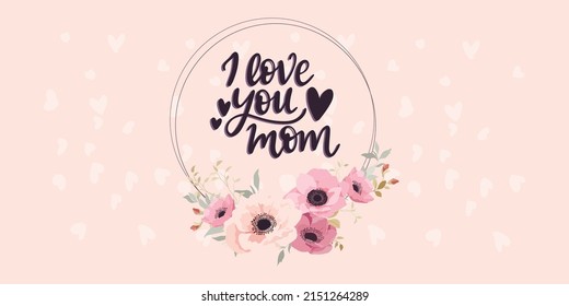 Happy Mother`s Day elegant lettering banner pink. Calligraphy vector text and heart in frame background for Mother's Day. Best mom ever greeting card