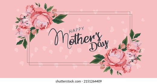 Happy Mother`s Day elegant lettering banner pink. Calligraphy vector text and heart in frame background for Mother's Day. Best mom ever greeting card