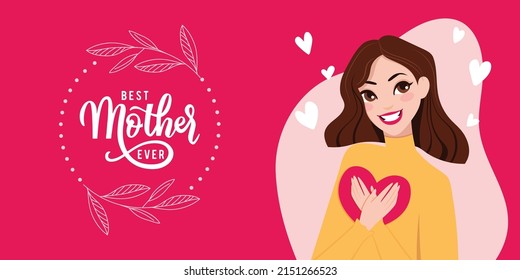 Happy Mother`s Day elegant lettering banner pink. Calligraphy vector text and heart in frame background for Mother's Day. Best mom ever greeting card