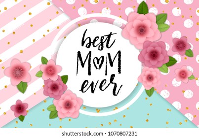 Happy Mother's Day elegant striped background. Holiday greeting card with hand drawn lettering and realistic bright pink, red flowers. Stylish and simple vector illustration.