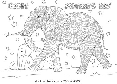Feliz Dia das Mães Elefante Zentangle Colorir Página