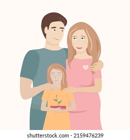 Happy mothers day family love concept. Pregnant woman and man and daugther with small green plant in pot. Vector illustration