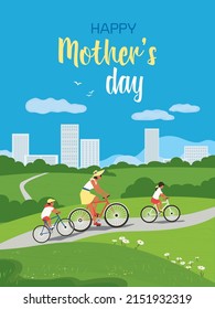 Happy Mothers day fancy holiday vector poster. Mom, daughter, son enjoy cycling together. Mother, kids outdoors fun cheerful background. Mom caring children banner. Holiday greeting card illustration