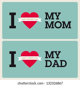 Happy mothers day and happy fathers day with heart, ribbons and fonts