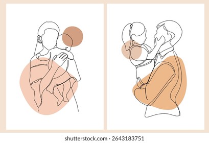 Happy Mother's Day and Father's Day. Set of minimalistic modern line art. Vector abstract illustration of mother, father, daughter and baby, hand, frame, border for greeting card, poster or flyer