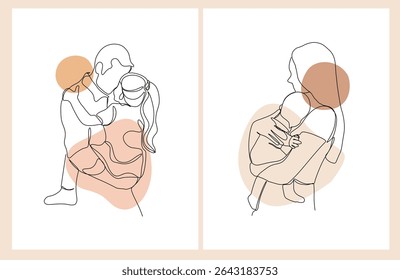 Happy Mother's Day and Father's Day. Set of minimalistic modern line art. Vector abstract illustration of mother, father, daughter and baby, hand, frame, border for greeting card, poster or flyer