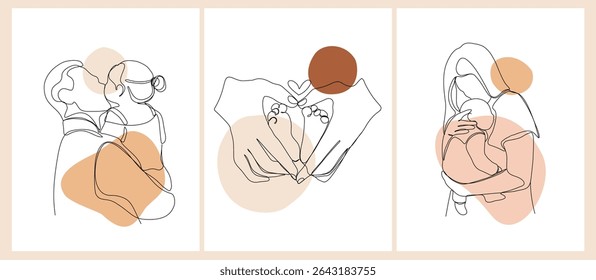 Happy Mother's Day and Father's Day. Set of minimalistic modern line art. Vector abstract illustration of mother, father, daughter and baby, hand, frame, border for greeting card, poster or flyer
