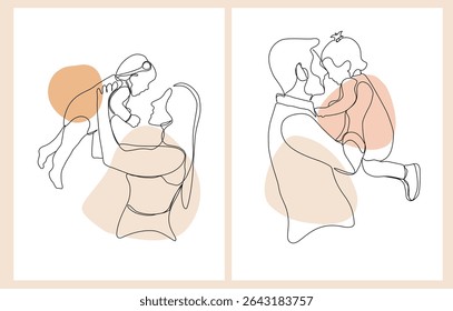 Happy Mother's Day and Father's Day. Set of minimalistic modern line art. Vector abstract illustration of mother, father, daughter and baby, hand, frame, border for greeting card, poster or flyer