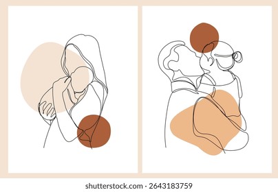 Happy Mother's Day and Father's Day. Set of minimalistic modern line art. Vector abstract illustration of mother, father, daughter and baby, hand, frame, border for greeting card, poster or flyer