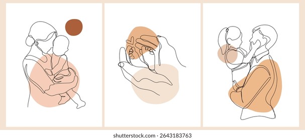 Happy Mother's Day and Father's Day. Set of minimalistic modern line art. Vector abstract illustration of mother, father, daughter and baby, hand, frame, border for greeting card, poster or flyer