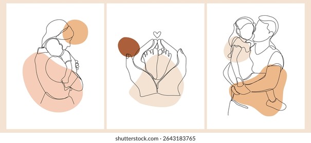 Happy Mother's Day and Father's Day. Set of minimalistic modern line art. Vector abstract illustration of mother, father, daughter and baby, hand, frame, border for greeting card, poster or flyer