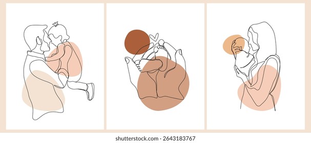 Happy Mother's Day and Father's Day. Set of minimalistic modern line art. Vector abstract illustration of mother, father, daughter and baby, hand, frame, border for greeting card, poster or flyer