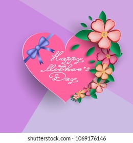 Happy mother's day, festive background in the form of paper hearts, bow and flowers.