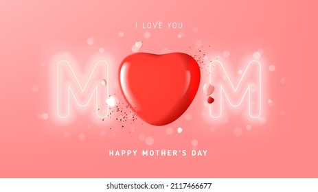 Happy Mother's day festive banner. Vector illustration with neon bright letters, hearts and confetti on pink background. Modern holiday card for event promo or congratulation.