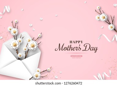 Happy Mothers Day festive greeting card, envelope with spring blooming branches, white flowers, top view. Vector illustration. Heart shaped confetti and streamers on pink background.