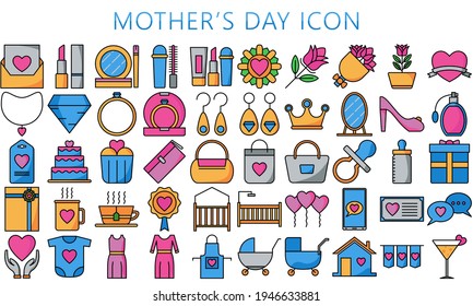 happy mothers day flat color icon set design, love, relationship, decoration, celebration, greeting and invitation theme, Vector illustration eps 10 ready convert to SVG.