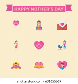 Happy Mothers Day. Flat Design Concept Includes Heart, Mam And Emotion Symbols. Vector Festive Holiday Illustration.