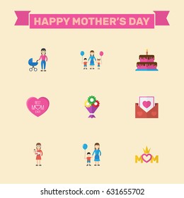 Happy Mothers Day. Flat Design Concept Includes Children, Stroller And Queen Symbols. Vector Festive Holiday Illustration.