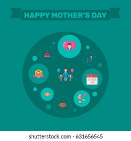 Happy Mothers Day. Flat Design Concept Includes Children, Stroller And Best Mother Ever Symbols. Vector Festive Holiday Illustration.