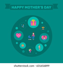 Happy Mothers Day. Flat Design Concept Includes Best Mother Ever, Flower And Present Symbols. Vector Festive Holiday Illustration.