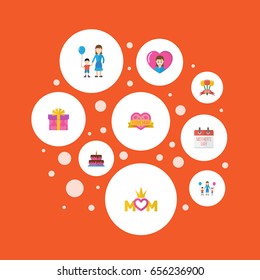 Happy Mother's Day Flat Icon Layout Design With Son, Tulips And Pastry Symbols. Lovely Mom Beautiful Feminine Design For Social, Web And Print.