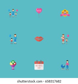 Happy Mother's Day Flat Icon Layout Design With Best Mother Ever, Special Day And Stroller Symbols. Lovely Mom Beautiful Feminine Design For Social, Web And Print.