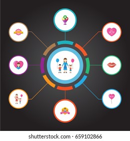 Happy Mother's Day Flat Icon Layout Design With Best Mother Ever, Design And Woman Symbols. Lovely Mom Beautiful Feminine Design For Social, Web And Print.