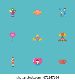 Happy Mother's Day Flat Icon Layout Design With Design, Kiss And Son Symbols. Lovely Mom Beautiful Feminine Design For Social, Web And Print.