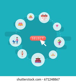 Happy Mother's Day Flat Icon Layout Design With Decoration, Pastry And Flower Symbols. Lovely Mom Beautiful Feminine Design For Social, Web And Print.