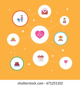 Happy Mother's Day Flat Icon Layout Design With Gift To Mom, Pastry And Best Mother Ever Symbols. Lovely Mom Beautiful Feminine Design For Social, Web And Print.