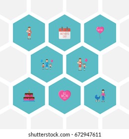 Happy Mother's Day Flat Icon Layout Design With Children, Stroller And Special Day Symbols. Lovely Mom Beautiful Feminine Design For Social, Web And Print.