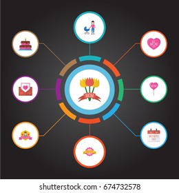 Happy Mother's Day Flat Icon Layout Design With Design, Pastry And Emotion Symbols. Lovely Mom Beautiful Feminine Design For Social, Web And Print.