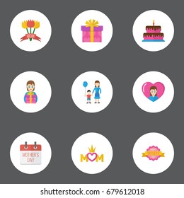Happy Mother's Day Flat Icon Layout Design With Special Day, Son And Gift To Mom Symbols. Lovely Mom Beautiful Feminine Design For Social, Web And Print.