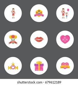 Happy Mother's Day Flat Icon Layout Design With Present, Woman And Emotion Symbols. Lovely Mom Beautiful Feminine Design For Social, Web And Print.