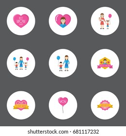 Happy Mother's Day Flat Icon Layout Design With Heart, Emotion And Best Mother Ever Symbols. Lovely Mom Beautiful Feminine Design For Social, Web And Print.