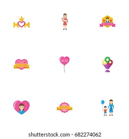 Happy Mother's Day Flat Icon Layout Design With Sticker, Heart And Decoration Symbols. Lovely Mom Beautiful Feminine Design For Social, Web And Print.