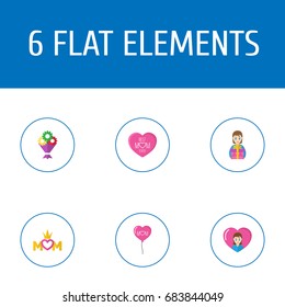 Happy Mother's Day Flat Icon Layout Design With Heart, Queen And Flower Symbols. Lovely Mom Beautiful Feminine Design For Social, Web And Print.