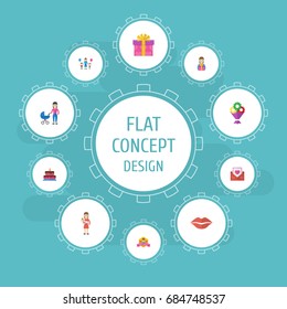 Happy Mother's Day Flat Icon Layout Design With Kiss, Stroller And Best Mother Ever Symbols. Lovely Mom Beautiful Feminine Design For Social, Web And Print.