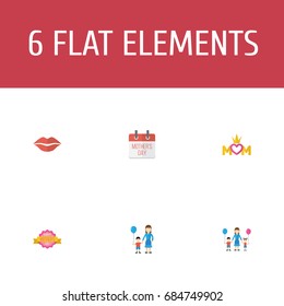 Happy Mother's Day Flat Icon Layout Design With Special Day, Design And Children Symbols. Lovely Mom Beautiful Feminine Design For Social, Web And Print.