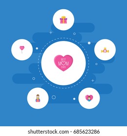 Happy Mother's Day Flat Icon Layout Design With Present, Heart And Emotion Symbols. Lovely Mom Beautiful Feminine Design For Social, Web And Print.