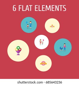 Happy Mother's Day Flat Icon Layout Design With Son, Flower And Woman Symbols. Lovely Mom Beautiful Feminine Design For Social, Web And Print.