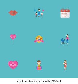 Happy Mother's Day Flat Icon Layout Design With Kiss, Special Day And Stroller Symbols. Lovely Mom Beautiful Feminine Design For Social, Web And Print.