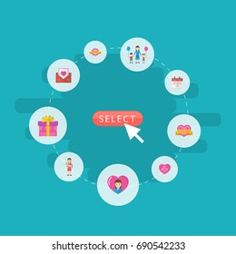 Happy Mother's Day Flat Icon Layout Design With Envelope, Present And Heart Symbols. Lovely Mom Beautiful Feminine Design For Social, Web And Print.