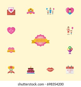 Happy Mother's Day Flat Icon Layout Design With Woman, Sticker And Design Symbols. Lovely Mom Beautiful Feminine Design For Social, Web And Print.