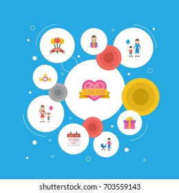 Happy Mother's Day Flat Icon Layout Design With Gift To Mom, Present And Special Day Symbols. Lovely Mom Beautiful Feminine Design For Social, Web And Print.